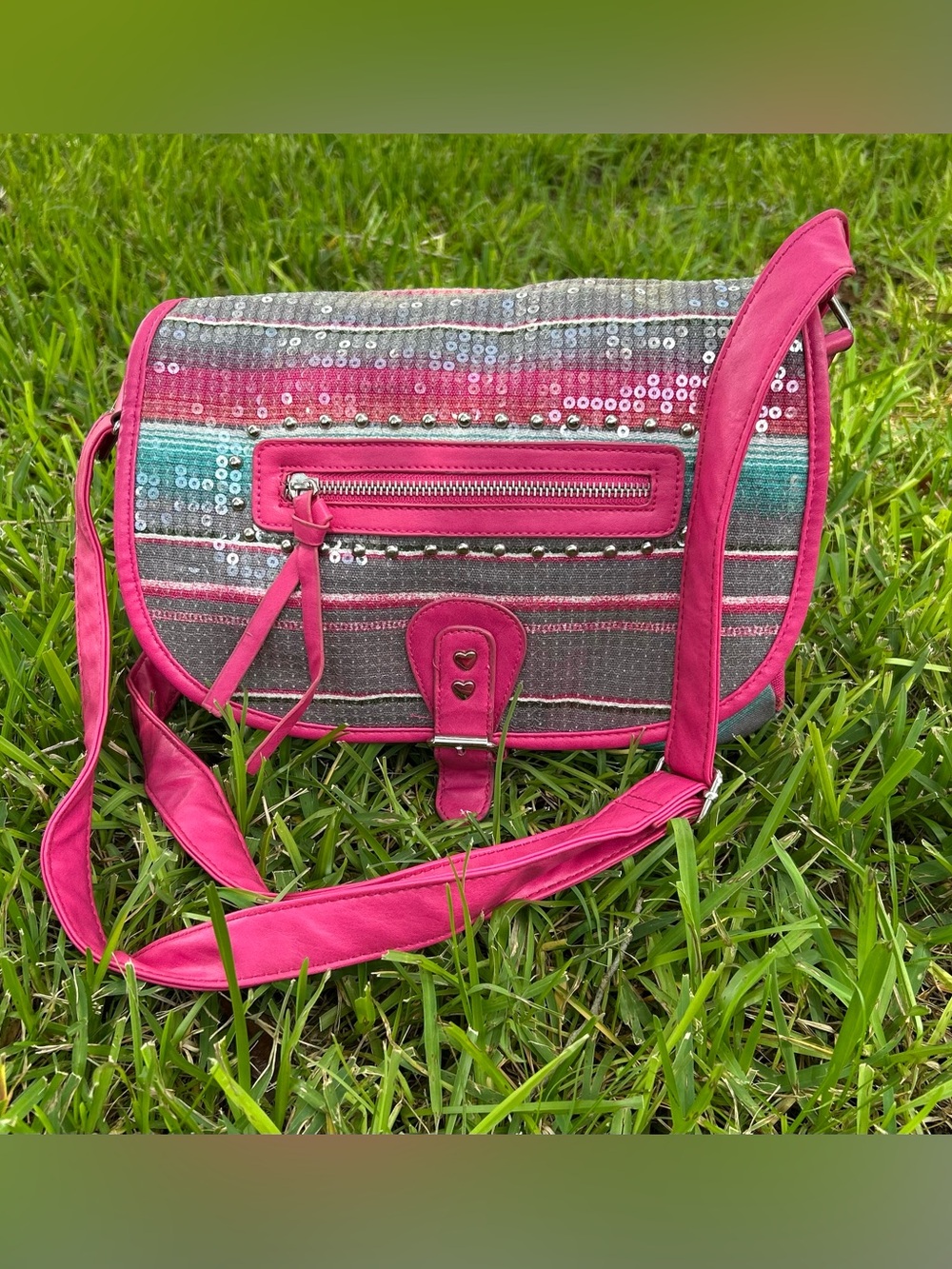Betsey Johnson Betseyville Pink Sequin-Striped Crossbody Bag